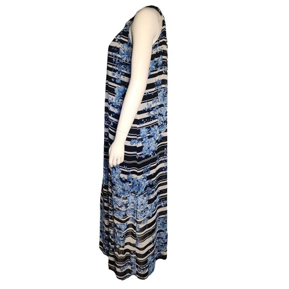 ENFOCUS STUDIO Blue White Striped Floral Sleeveless Chiffon Maxi Dress Womens 6 - Picture 2 of 7